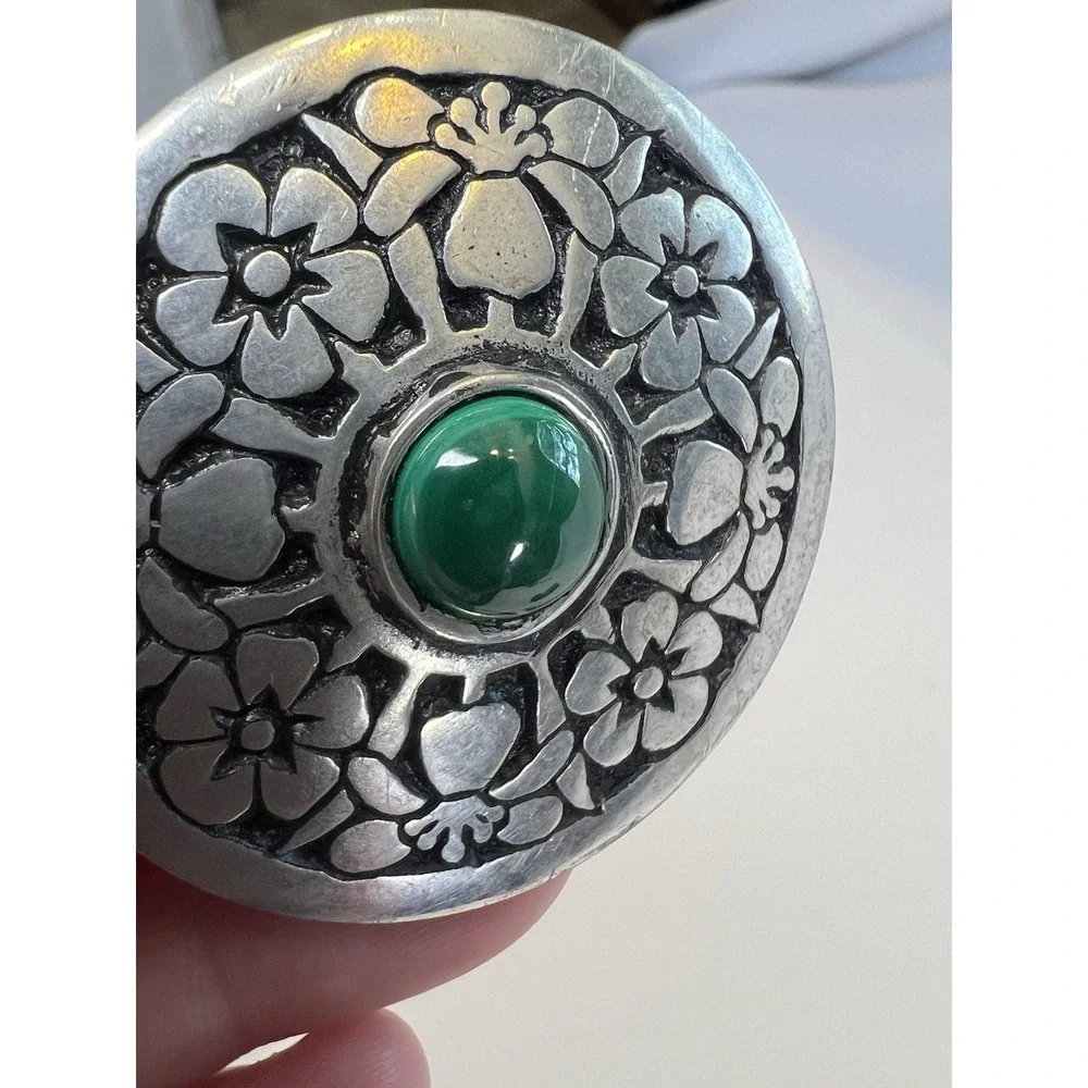 St Justin Pewter Malachite Celtic Floral Round Brooch Original Box Handmade VNG